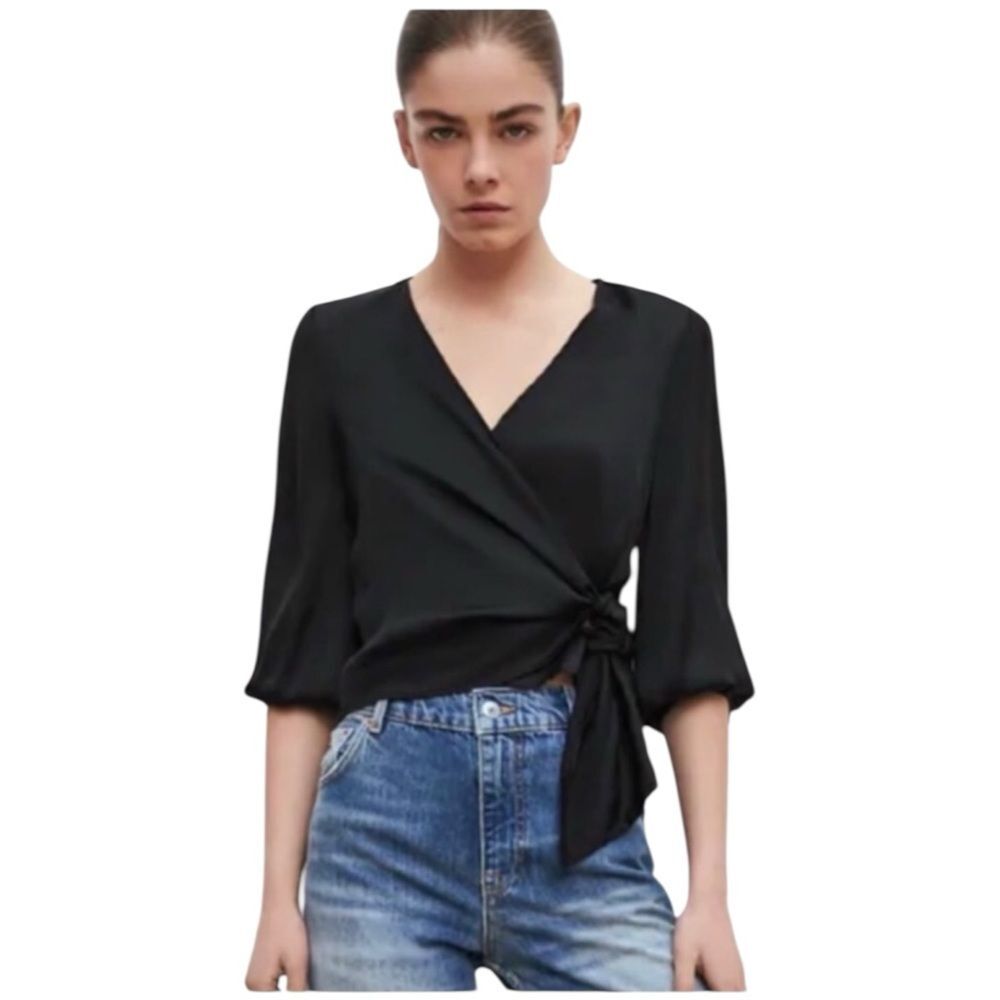 Zara Black Wrap V Neck Tie Front Long Sleeve Workwear Top Pearl Quiet Luxury M